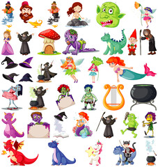 Set of fantasy cartoon characters and fantasy theme isolated on white background