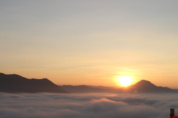 Beautiful landscape in the mountains at sunrise, Traveling concept background.Chiang Khan Loei, Thailand.