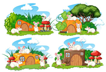 Set of fantasy houses in the garden with cute animals isolated on white background