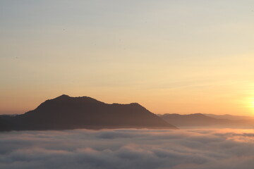 Beautiful landscape in the mountains at sunrise, Traveling concept background.Chiang Khan Loei, Thailand.