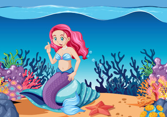 Fototapeta na wymiar Cute mermaid cartoon character cartoon style on under sea background