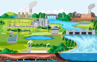 Industrial factory building with river side landscape scene in cartoon style