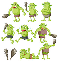Set of goblin or troll with hunting tool isolated on whie background