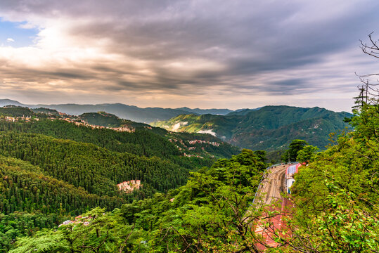 Beautiful panoramic landscape from mall road of Shimla, the state capital of Himachal Pradesh located amidst Himalayas of India.