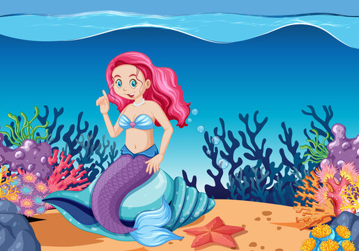 Cute mermaid cartoon character cartoon style on under sea background