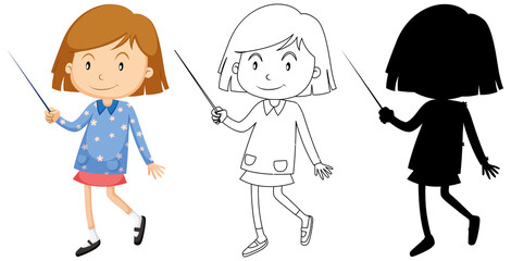 Happy girl standing position with its outline and silhouette