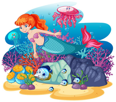 Cute mermaid with animal sea theme scene cartoon style isolated