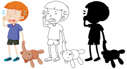 Boy crying and holding teddy bear with its outline and silhouette