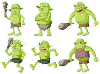 Set of goblin or troll with hunting tool isolated on whie background - obrazy, fototapety, plakaty