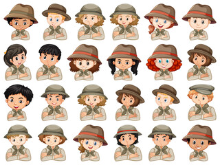 Set of different characters of boys and girls scout costume on a white background