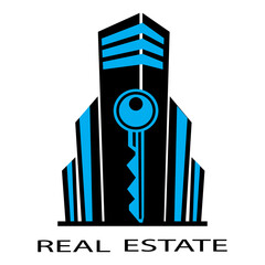 Property developers company logo, apartment buildings and key, black and blue colors, isolated, vector illustration.