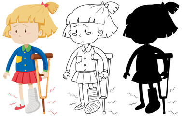 Girl with broken leg bandage cast walking using crutches in color and in outline and silhouette