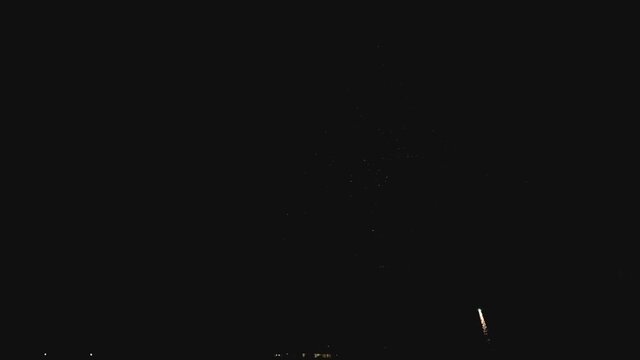 Fireworks, Firecrackers Sparkling On The Dark Sky In Canada.  -wide shot