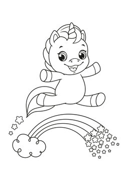 Happy cartoon unicorn flying over rainbow coloring page. Black and white cartoon illustration
