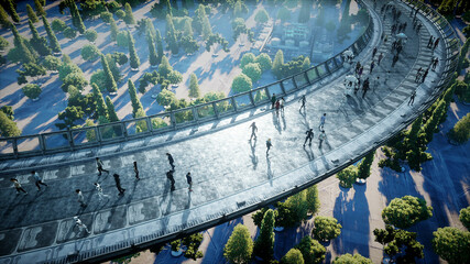 People and robots. Sci fi tonnel. Futuristic traffic. Concept of future. 3d rendering.