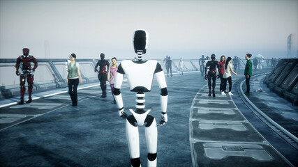 Robot in Sci fi tonnel. Concept of future.. 3d rendering..3d rendering.