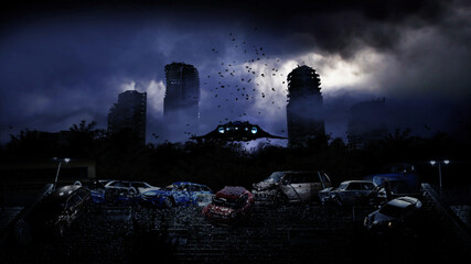 Naklejka na ściany i meble Apocalypse city in fog. Aerial View of the destroyed city. Apocalypse concept. 3d rendering.