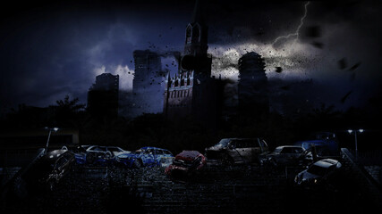 Apocalypse Moscow city in fog. destroyed city. Apocalypse concept. 3d rendering.