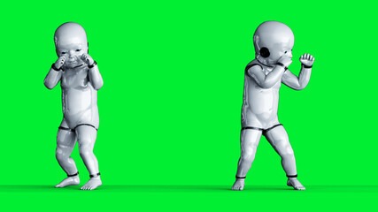 Baby robot isolate on green screen. 3d rendering.