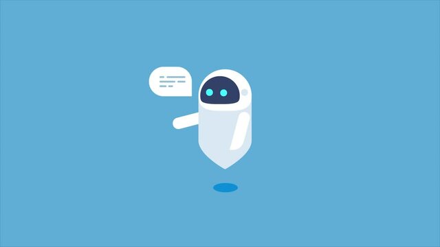 Chatbot having a conversation with customer, robot assistant with artificial intelligence, chat bot providing information, business automation technology. 2d animation, 4k video clip.