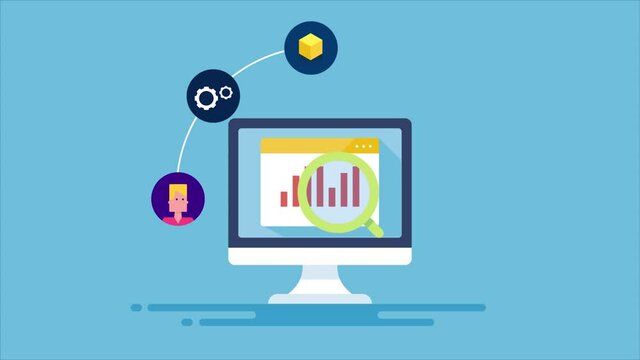Conducting a competitive analysis, competitor strategy, product quality, digital advertising and sales conversion monitoring, market research. 2d animation, 4k video clip.