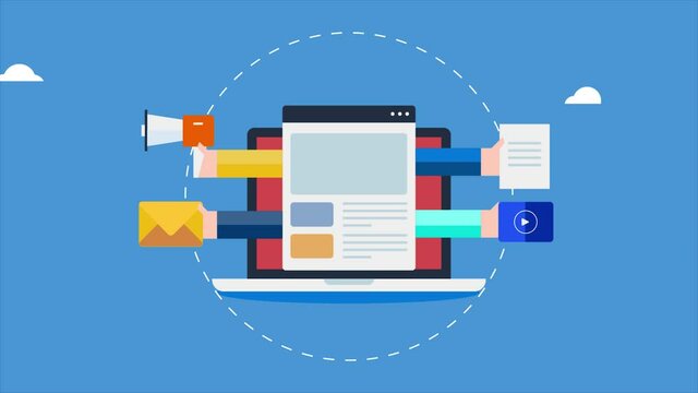 Content delivery network, cdn, digital content creation, distribution and publication for online audience, digital marketing mix concept. Hands delivering contents. 2d animation, 4k video clip.