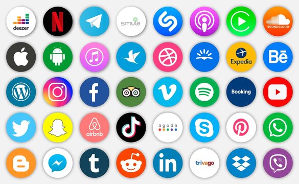 Set of popular entertainment and social network icons. Behance, Apple, interest, Twitter, Messenger, Facebook, Instagram, Snapchat, Tumbler, Telegram, Airbnb, Tripadvisor, Linkedin, Dribble