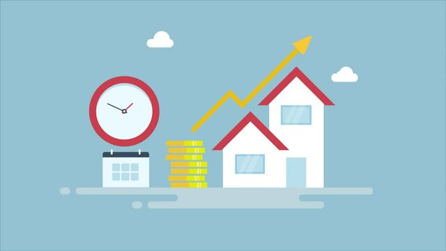 Property increase in value over time. Real estate market growth, rising house prices, increasing property market graph arrow concept. 2d animation, 4k video clip.