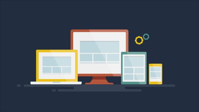 Responsive business website displaying on electronic devices, responsive web design technology for laptop, desktop, tablet, mobile concept. 2d animation, 4k video clip.