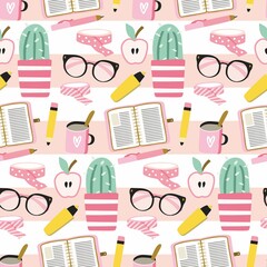 Planner, office writing supplies and succulent girly seamless pattern. Back to school modern print with glasses, apple, text highlighter and washi tape clipart arranged as repeat design.