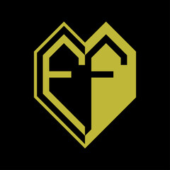 Initial letter ff heart half geometric negative space logo vector gold color