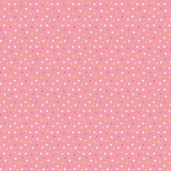 Polka dot seamless pattern with yellow and white hand drawn spots on a pink background for girl clothes textile print, wallpaper or bedding supplies.