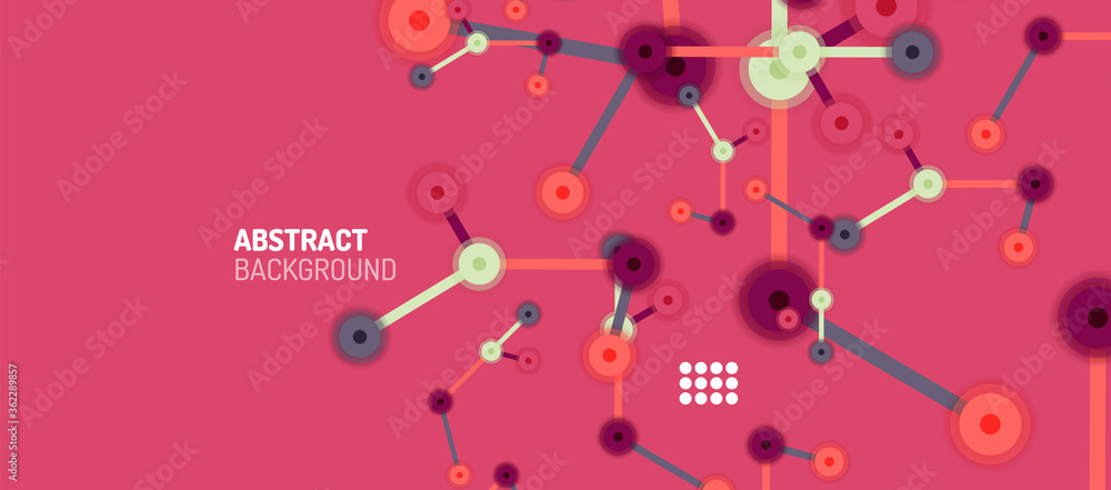 Poster flat style geometric abstract background, round dots or circle connections on color background. tech