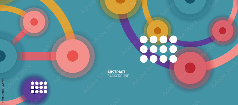 Poster flat style geometric abstract background, round dots or circle connections on color background. tech