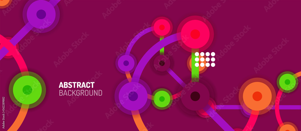 Poster flat style geometric abstract background, round dots or circle connections on color background. tech