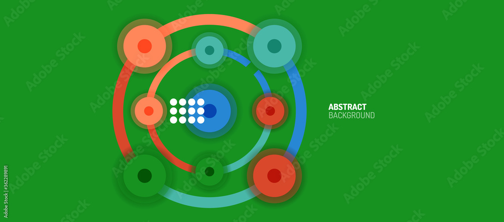 Poster flat style geometric abstract background, round dots or circle connections on color background. tech