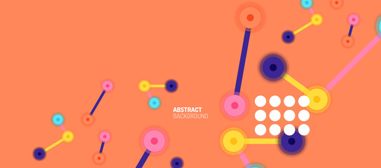 Flat style geometric abstract background, round dots or circle connections on color background. Technology network concept.