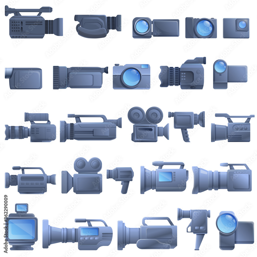 Poster camcorder icons set. cartoon set of camcorder vector icons for web design