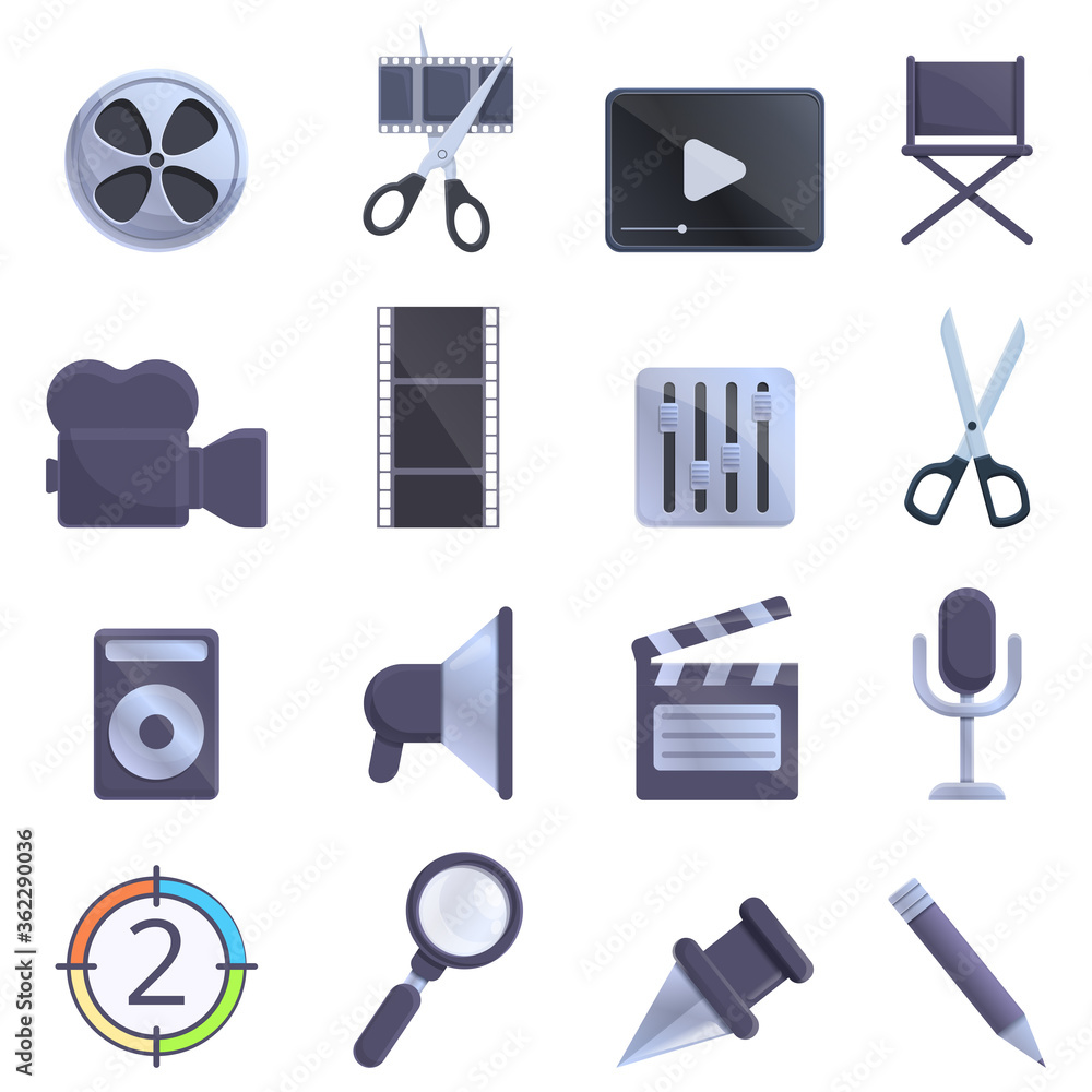 Poster video editing icons set. cartoon set of video editing vector icons for web design
