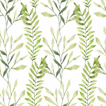 Seamless pattern with green leaf watercolor illustration