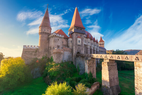 corvins castle in hunedoara town at sunrise. one of the largest european and romanian. fantastic scenery in morning light