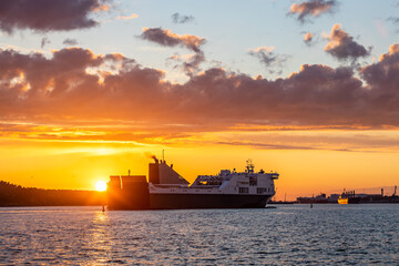 Ferry vessel at sunset in Klaipeda harbour in Lithuania