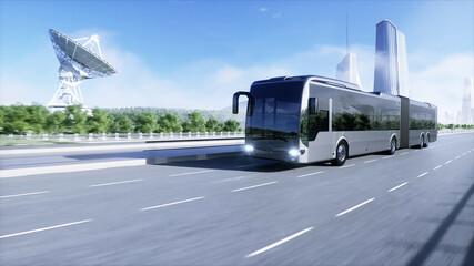 3d model of passenger bus very fast driving on the highway. Futuristic city background. 3d rendering.