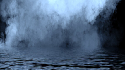 Mystic blue fog on coastal. Paranormal smoke on black background. Stock illustration. Reflection on water.