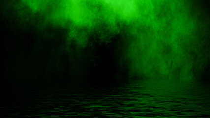 Mystic green fog on coastal. Paranormal smoke on black background. Stock illustration. Reflection on water.