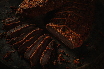 Basturma, dried tenderloin of beef meat, jerky, thinly sliced.