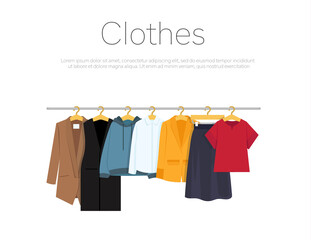 Men's and woman's clothes on hangers, vector illustration