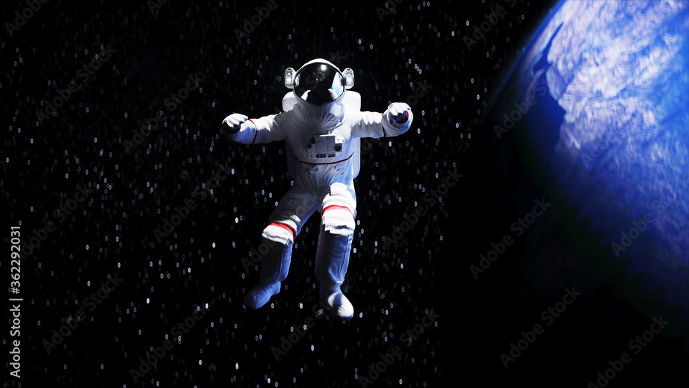 Wall mural astronaut levitation in space. realistic 3d rendering.