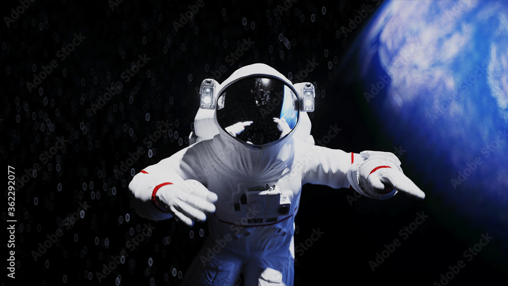 Wall mural astronaut levitation in space. realistic 3d rendering.