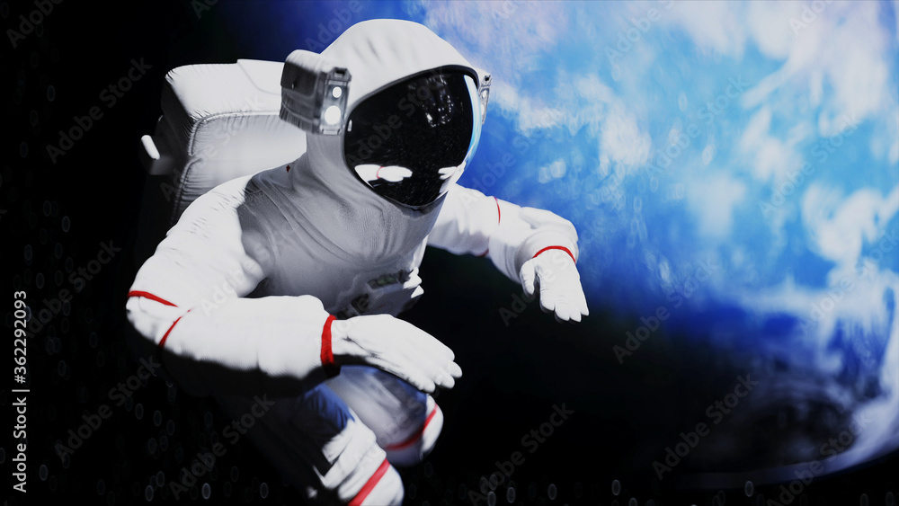 Wall mural astronaut levitation in space. realistic 3d rendering.